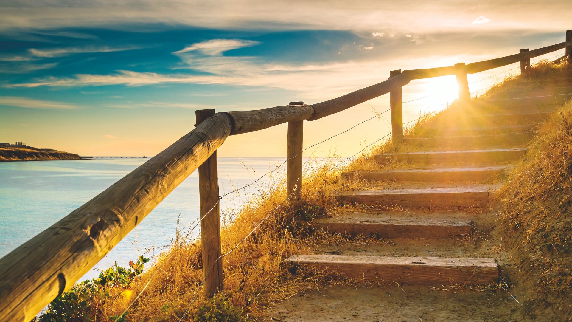 Treppe mit einem Holzhandlauf, die durch eine herbstlich wirkende Landschaft an die ruhig wirkende Meeresküste führt